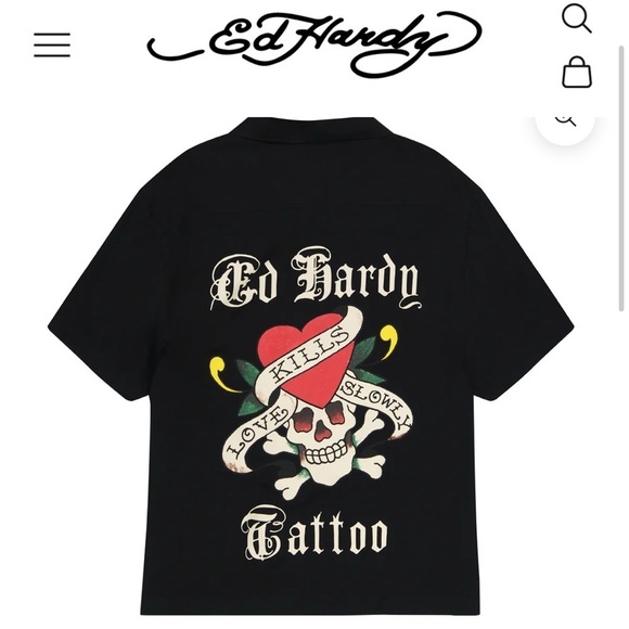Ed Hardy Love Kills Slowly Woven Black Short Sleeve Button Up Camp Shirt XL - Picture 8 of 15